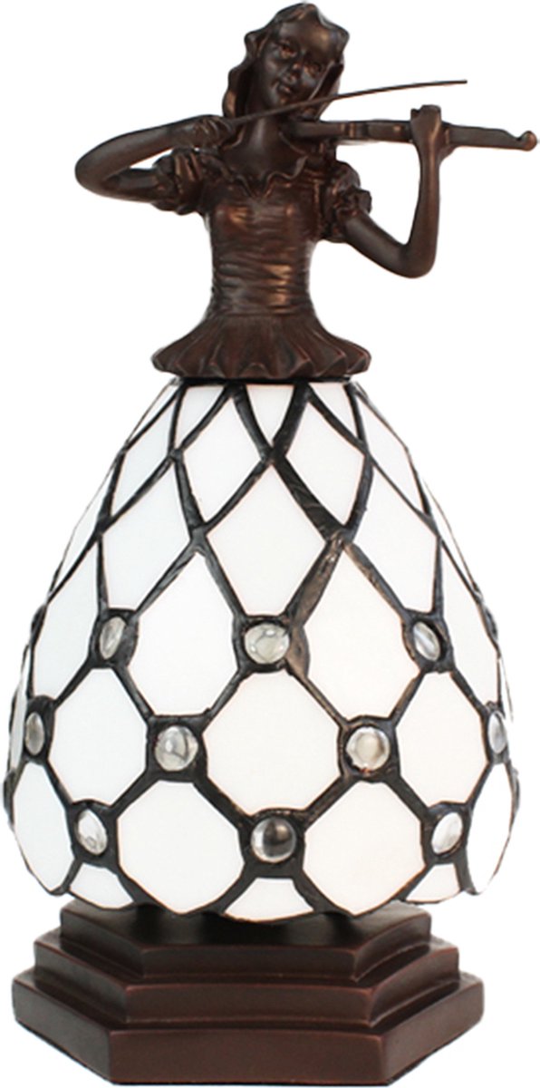 Clayre & Eef Lumilamp Tiffany Tafellamp Vrouw 12*12*25 Cm E14/max 1*25w, Bruin Kunststof, Glas Tiffany Bureaulamp Tiffany Lampen - Wit