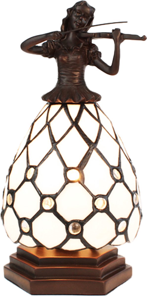 Clayre & Eef Lumilamp Tiffany Tafellamp Vrouw 12*12*25 Cm E14/max 1*25w, Bruin Kunststof, Glas Tiffany Bureaulamp Tiffany Lampen - Wit