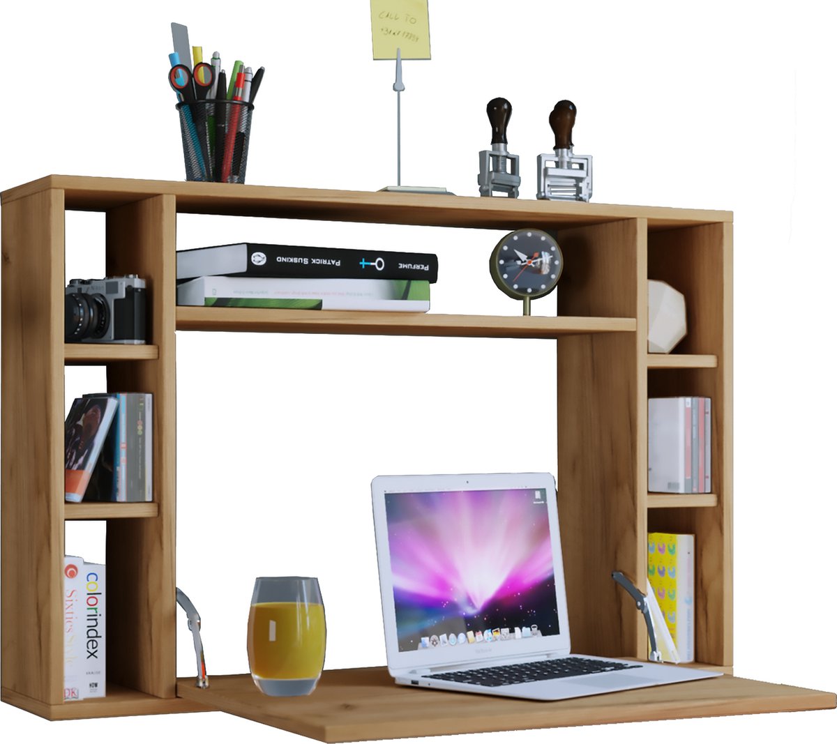 Wandila Bureau , Laptopbureau Muur En 7 Vakkenhoning Eiken Decor. - Geel