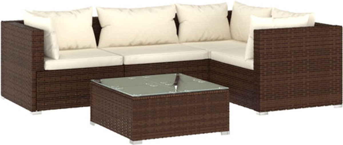 Vidaxl 5-delige Loungeset Met Kussens Poly Rattan - Bruin