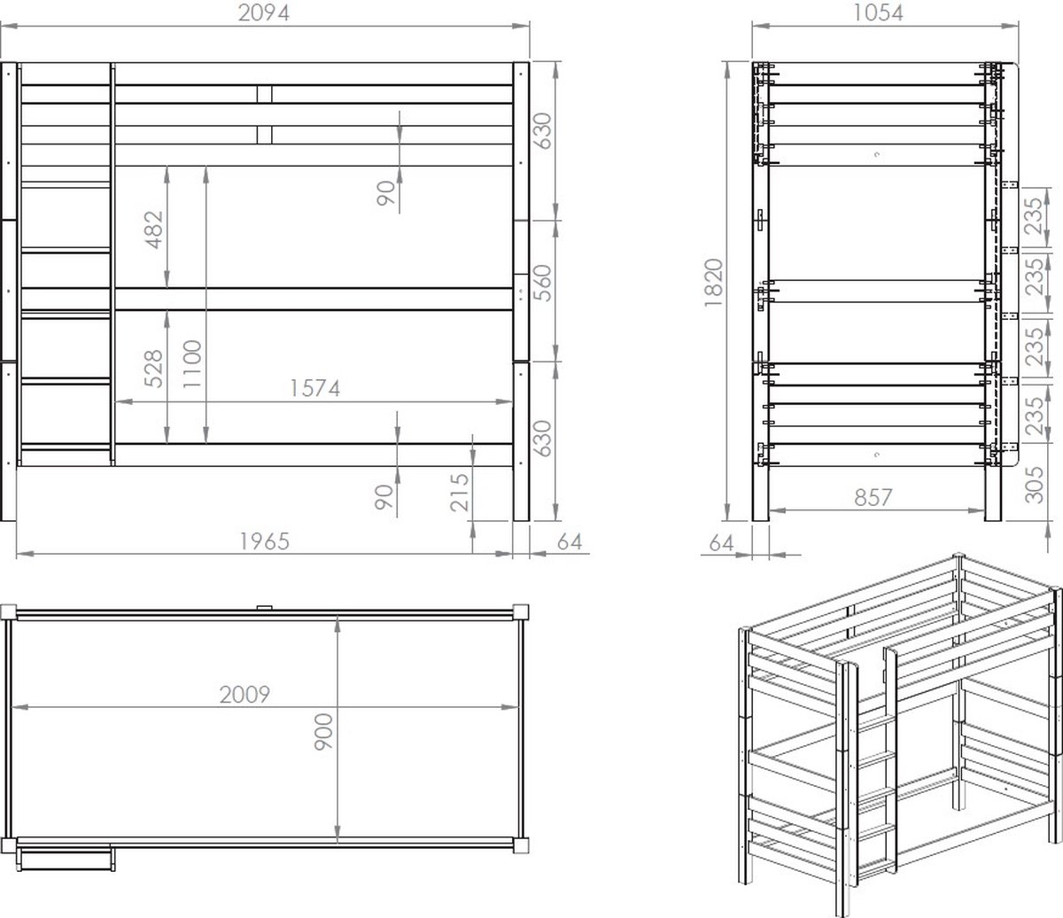 Vipack Pino Stapelbed - H 180 cm - Grijs