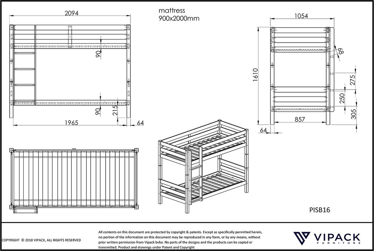 Vipack Pino Stapelbed - H 160 cm - Grijs