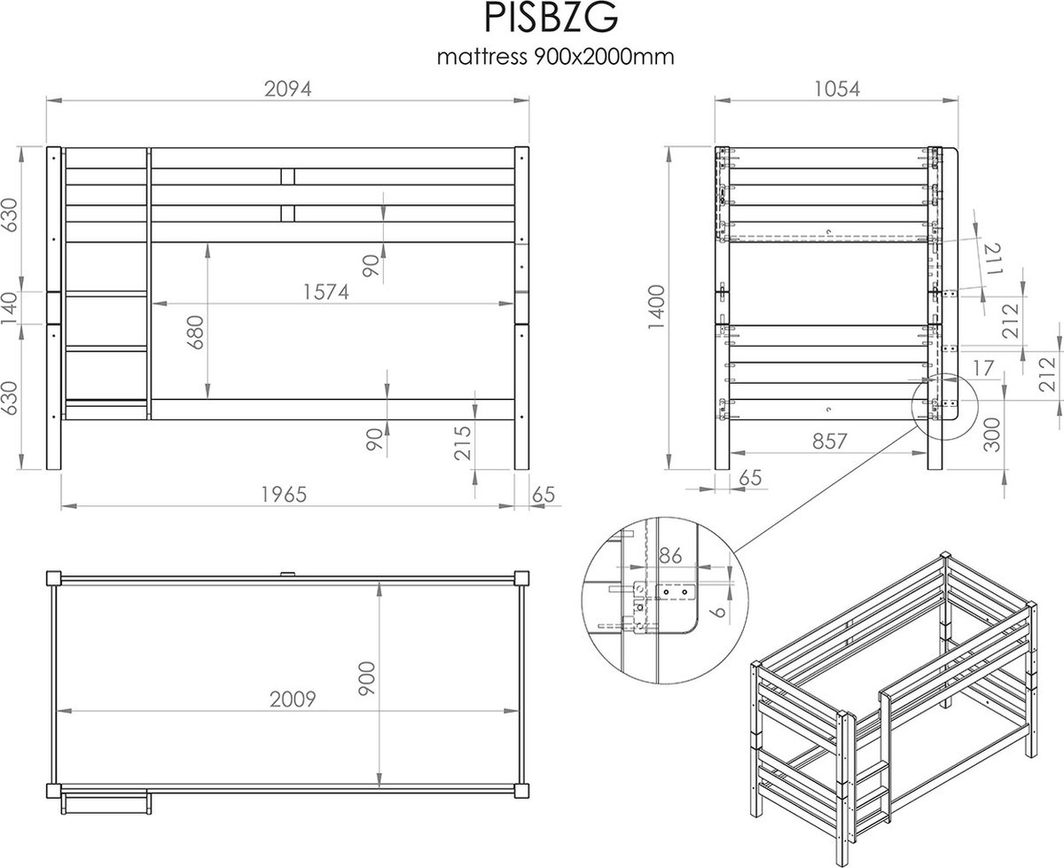 Vipack Pino Stapelbed - H 140 cm - Grijs
