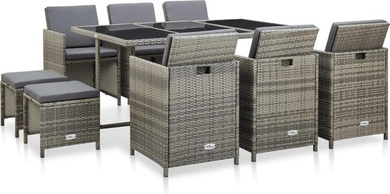 Vidaxl 11-delige Tuinset Met Kussens Poly Rattan - Grijs