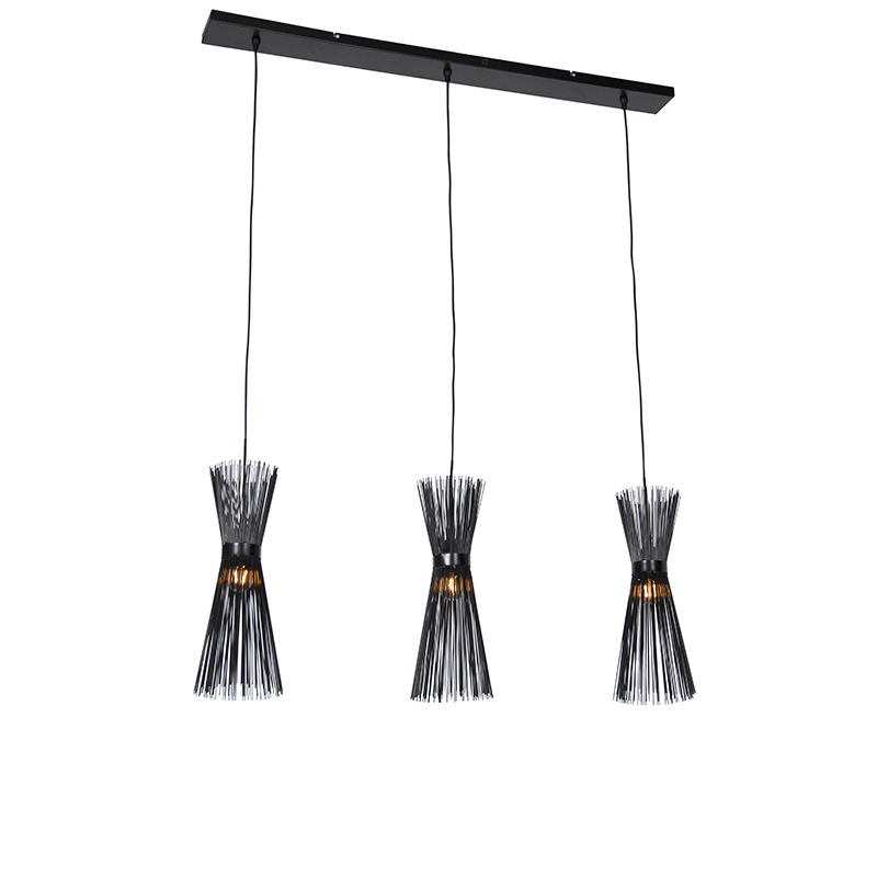 QAZQA Landelijke hanglamp langwerpig 3-lichts - Broom - Zwart