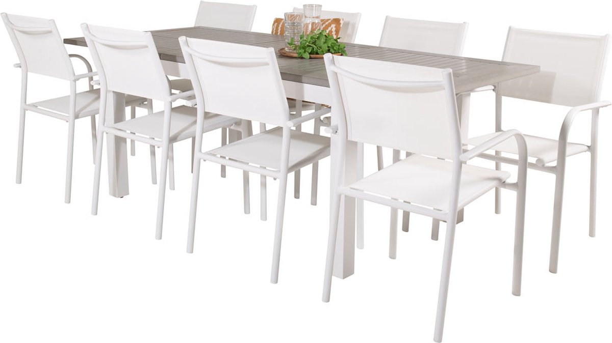 Albany Tuinmeubelset Tafel 90x160/240cm En 8 Stoel Santorini, Grijs. - Wit