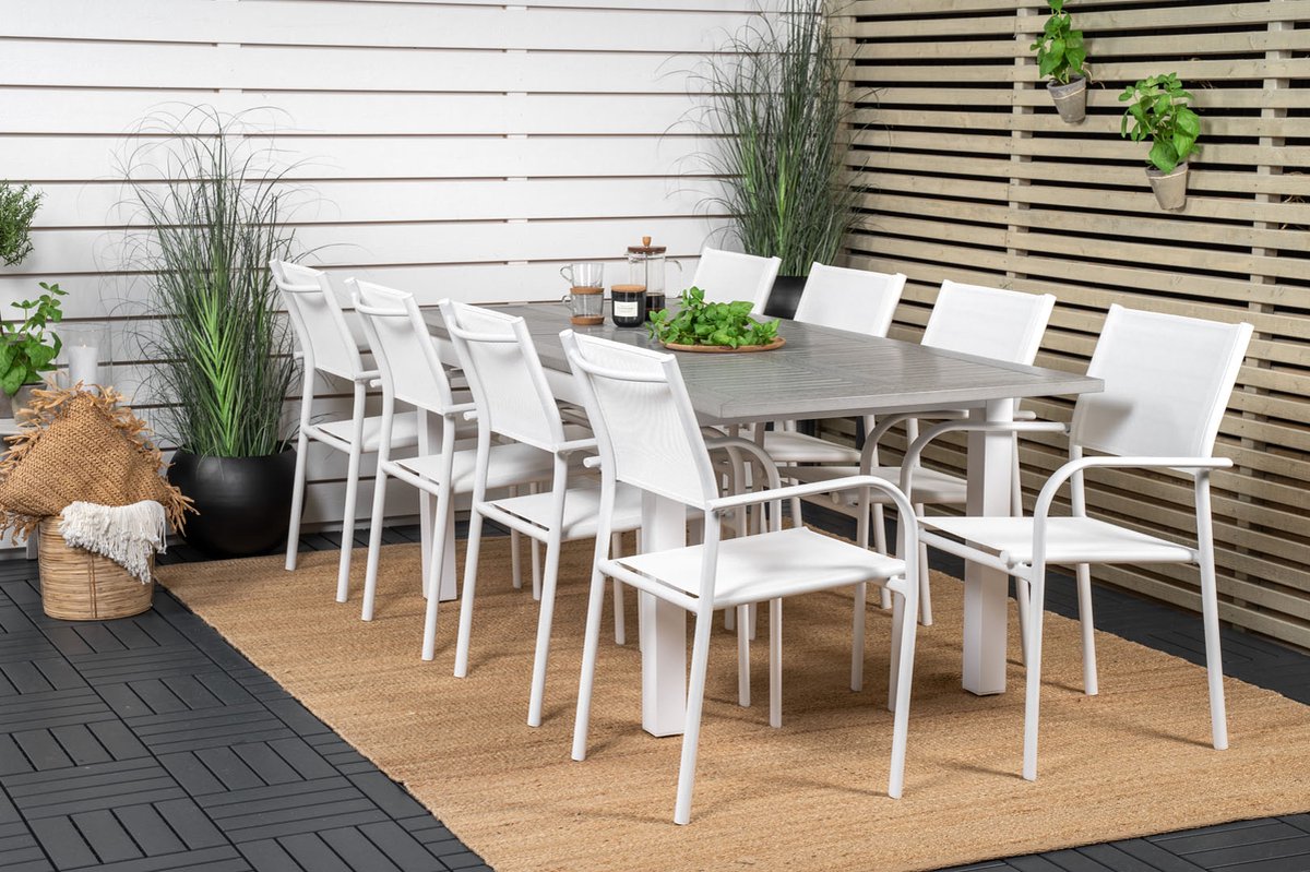 Albany Tuinmeubelset Tafel 90x160/240cm En 8 Stoel Santorini, Grijs. - Wit