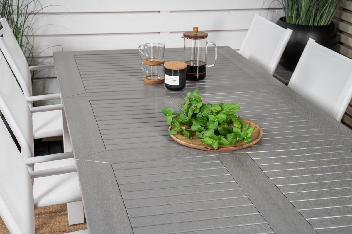 Albany Tuinmeubelset Tafel 90x160/240cm En 8 Stoel Santorini, Grijs. - Wit