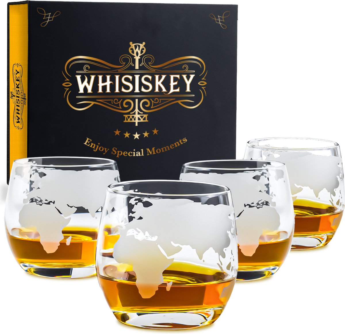 Whisiskey Wereldbol Whiskey Glazen - 4 Glazen - Whiskey Glazen Set - Waterglazen - Drinkglazen - 370 Ml Whisky Glas