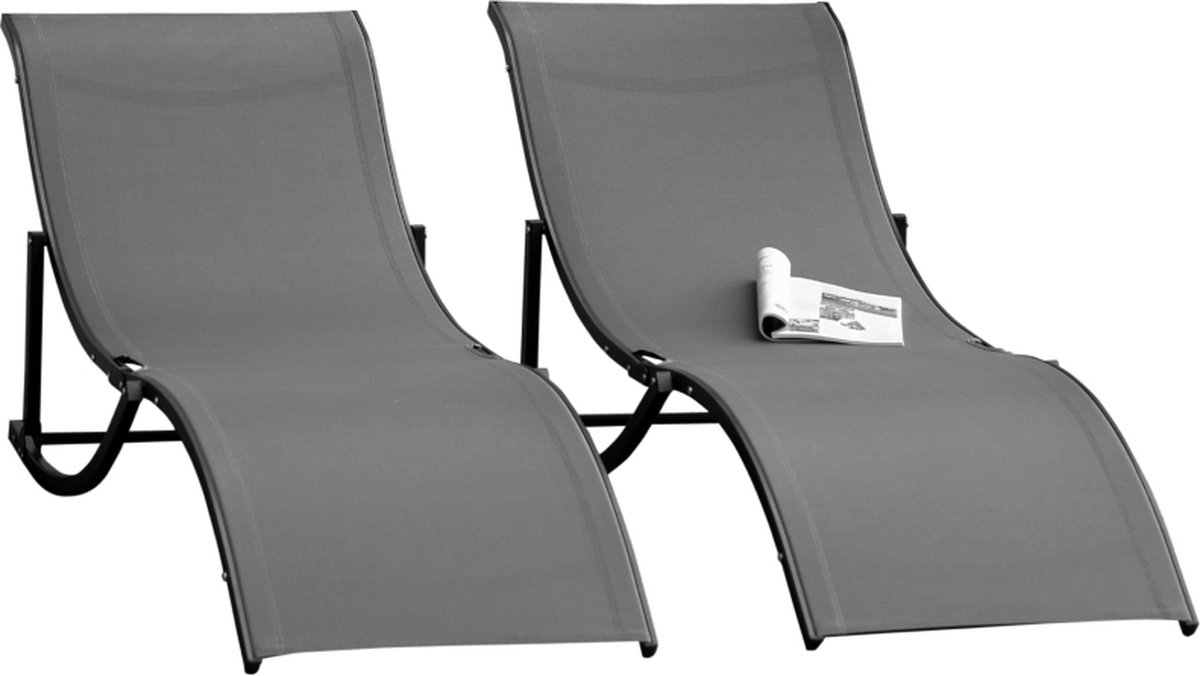 Ligbed Set Van 2 - Stoelen - Tuinstoelen - Tuinstoel - Aluminium - 165 Cm X 61 Cm X 63 Cm - Grijs