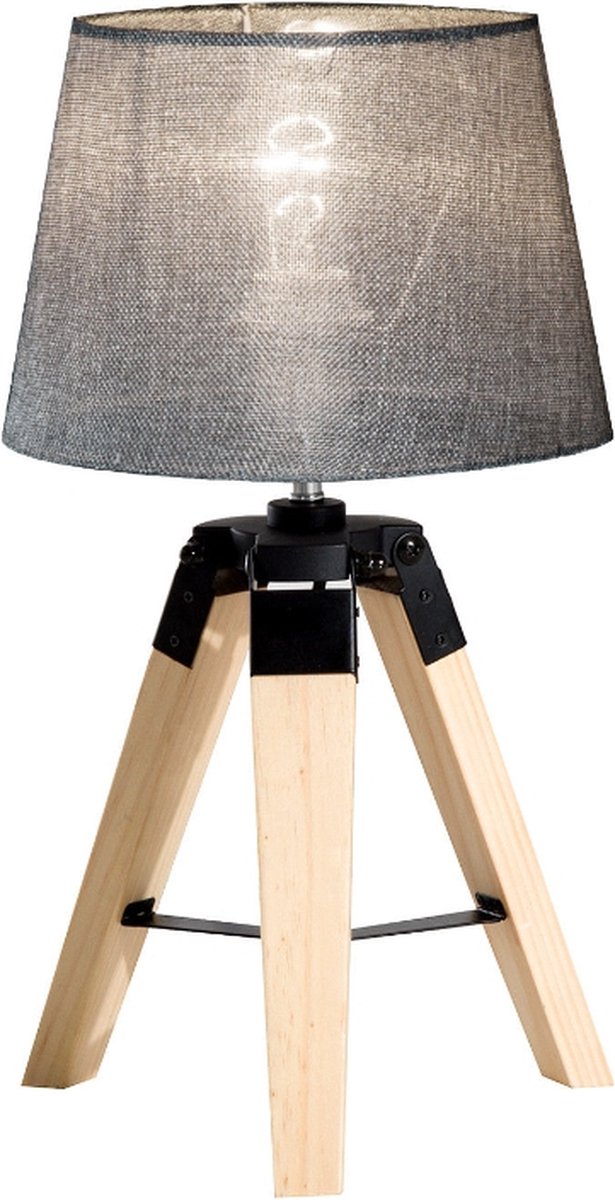 Tafel Lamp - Nachtkast Lamp - Stoffen Kap En Houten Poten - Driepoot - 45 Cm Hoog - Grijs