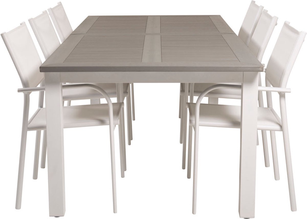 Albany Tuinmeubelset Tafel 100x224/324cm En 6 Stoel Santorini, Grijs. - Wit