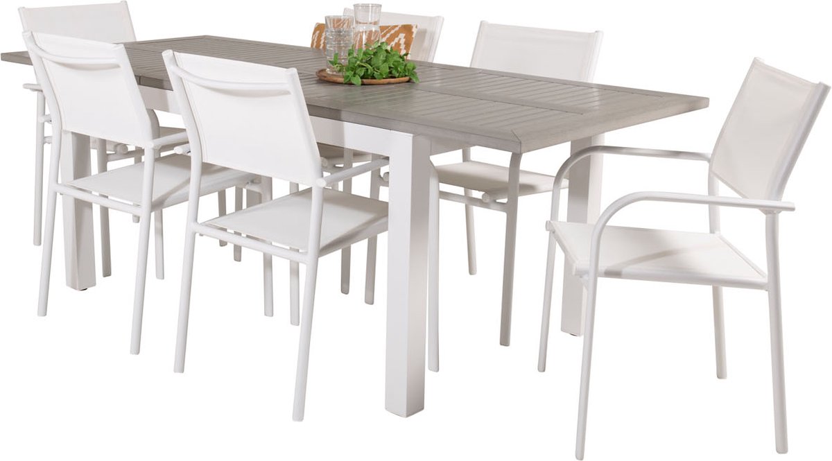 Albany Tuinmeubelset Tafel 90x160/240cm En 6 Stoel Santorini, Grijs. - Wit