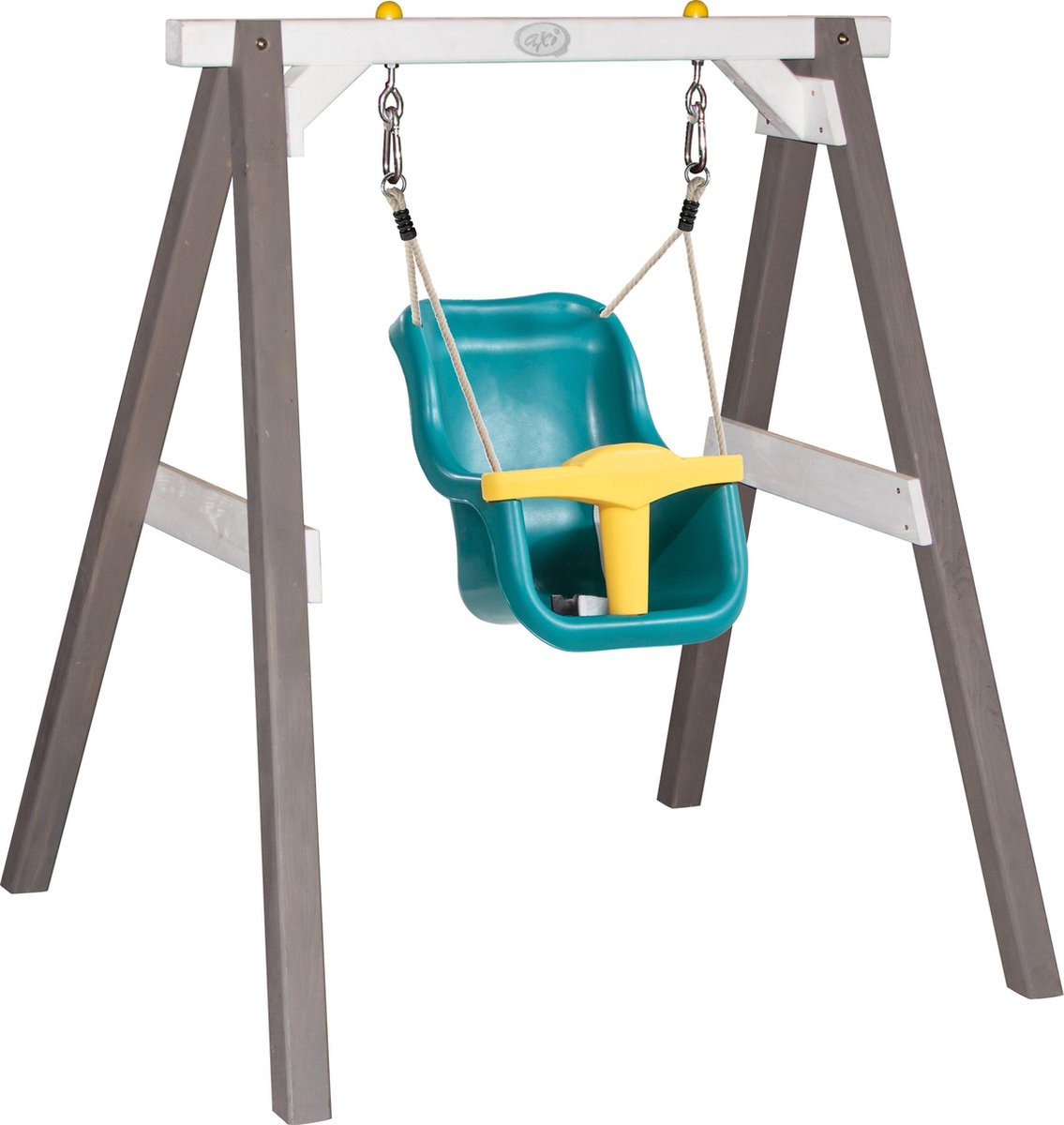 axi Baby Schommel Met Houten Frame & Zitje In Blauw/geel Babyschommel Van Hout In Grijs/ - Wit