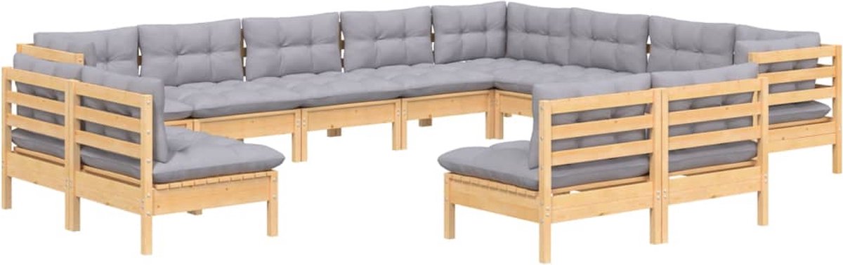 Vidaxl 12-delige Loungeset Met Grijze Kussens Massief Grenenhout - Grijs