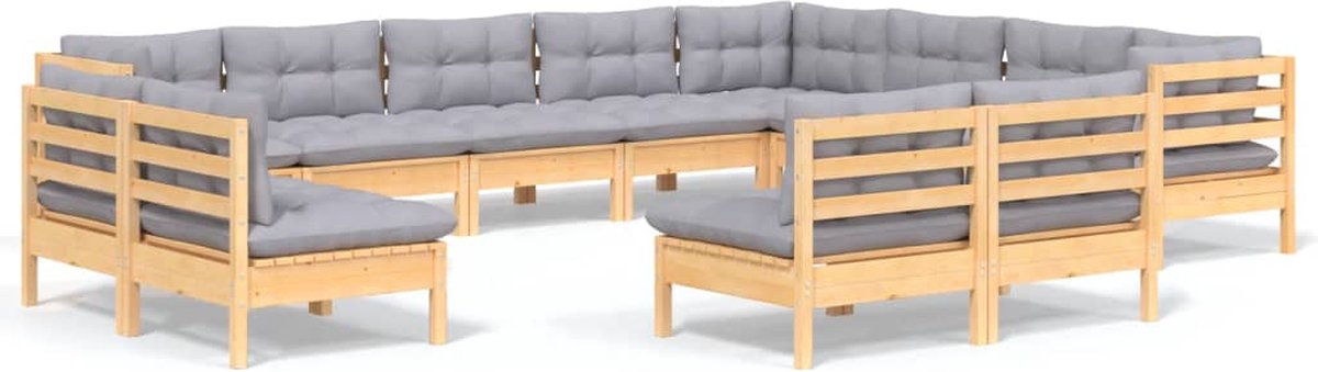 Vidaxl 12-delige Loungeset Met Grijze Kussens Massief Grenenhout - Grijs