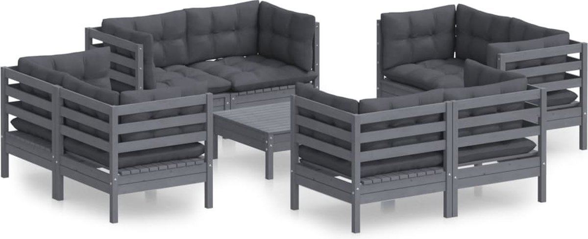 Vidaxl 9-delige Loungeset Met Antracietkleurige Kussens Grenenhout - Grijs