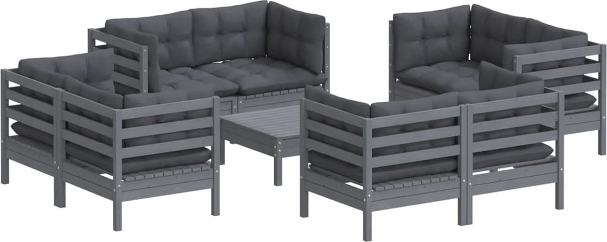 Vidaxl 9-delige Loungeset Met Antracietkleurige Kussens Grenenhout - Grijs