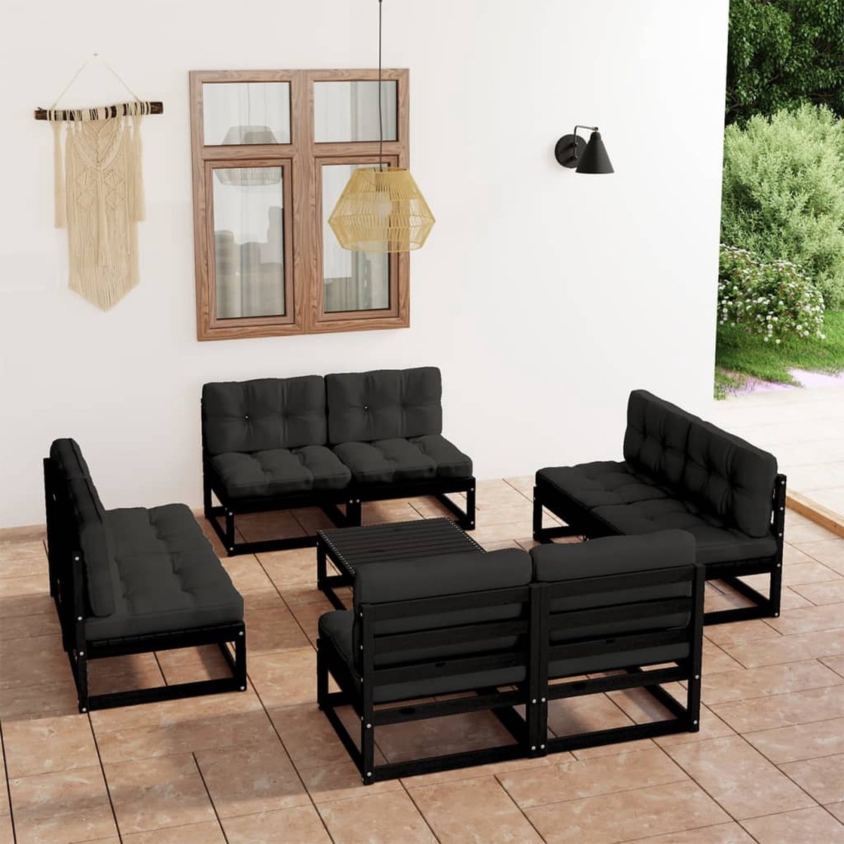 Vidaxl 9-delige Loungeset Met Kussens Massief Grenenhout - Negro