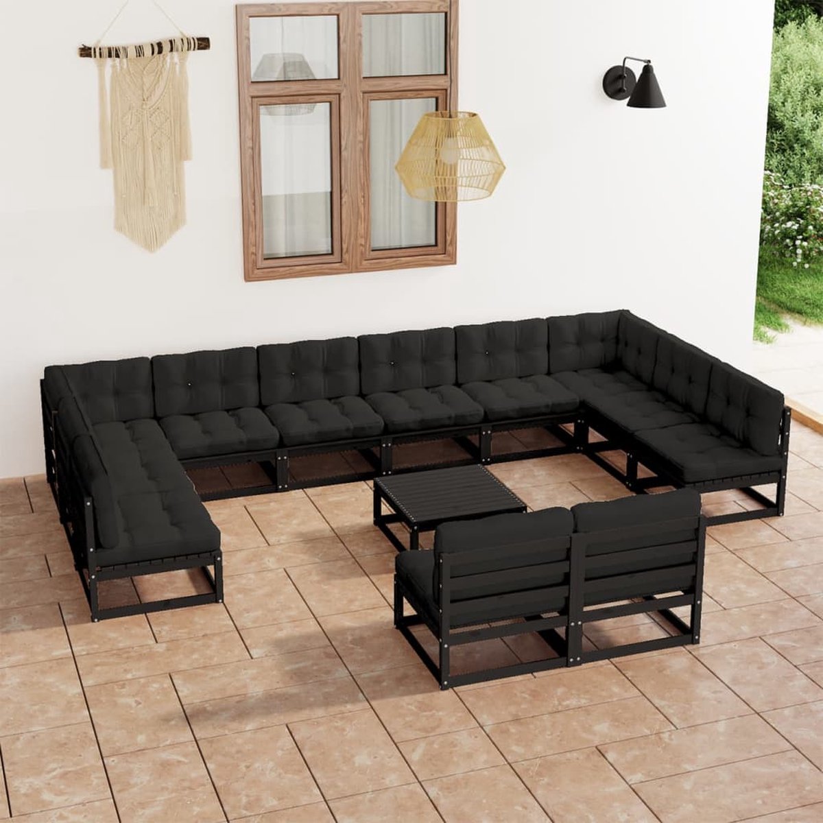 Vidaxl 13-delige Loungeset Met Kussens Massief Grenenhout - Negro