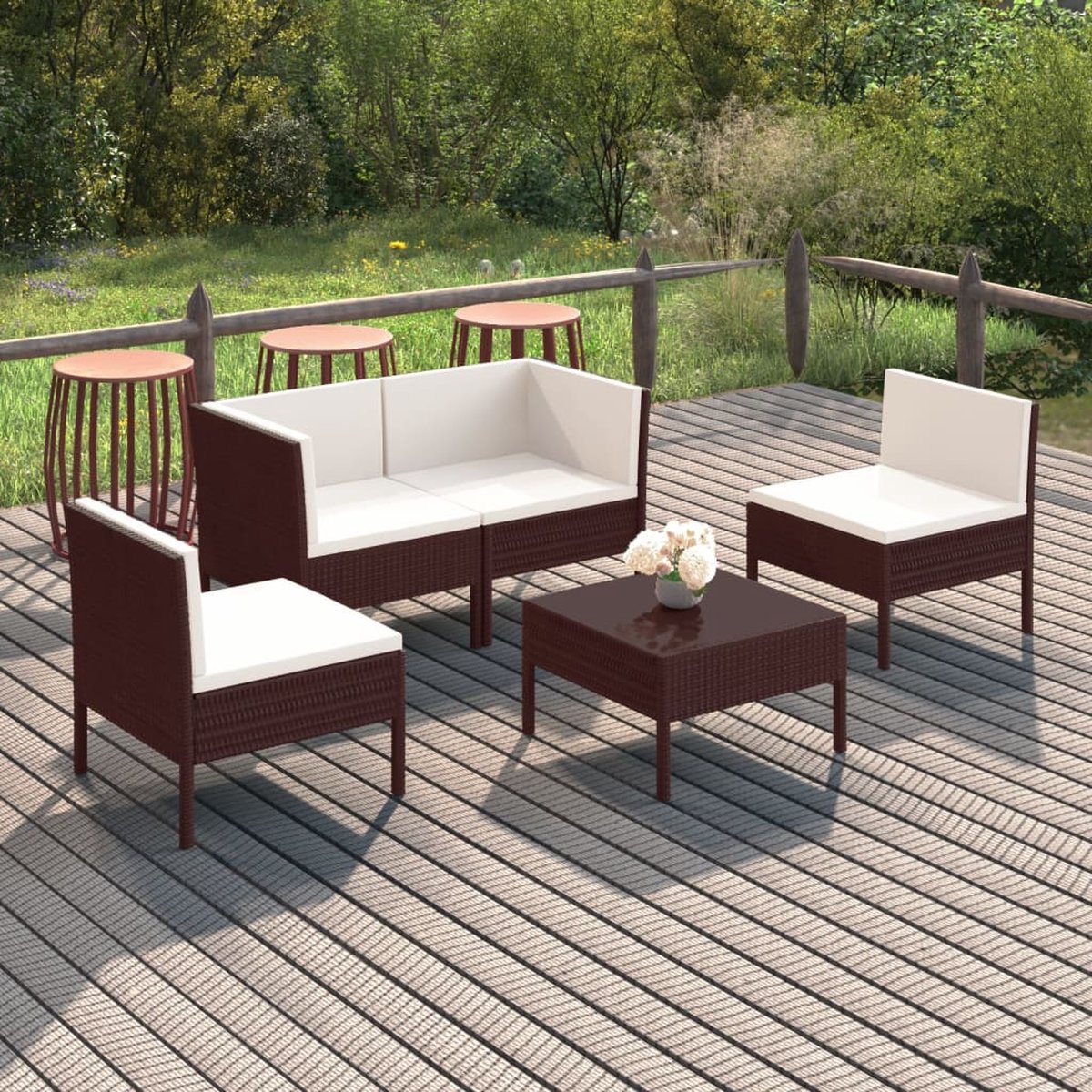 Vidaxl 5-delige Loungeset Met Kussens Poly Rattan - Bruin