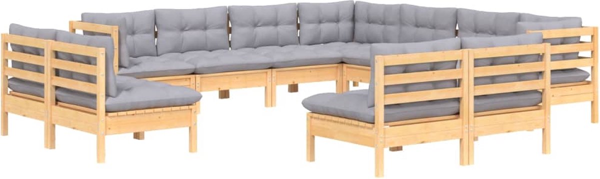 Vidaxl 11-delige Loungeset Met Grijze Kussens Massief Grenenhout - Grijs