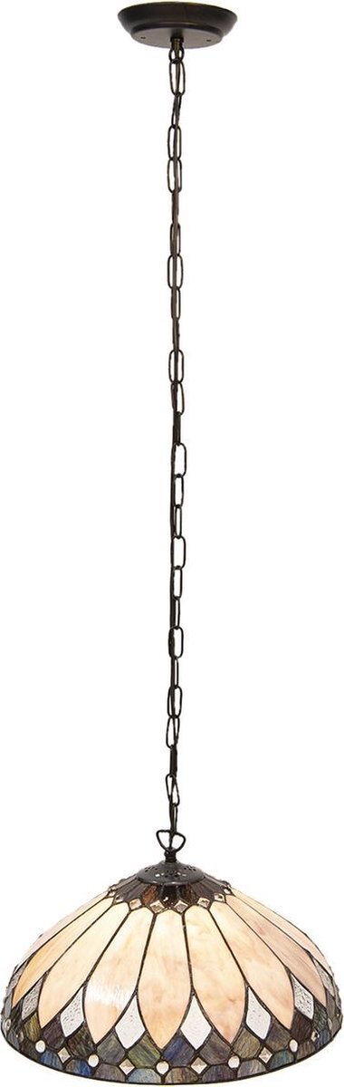 Clayre & Eef Hanglamp Tiffany Ø 40 Cm E27/max 1*60w Meerkleurig Glas In Lood Art Deco Lumilamp 5ll-5986 - Beige
