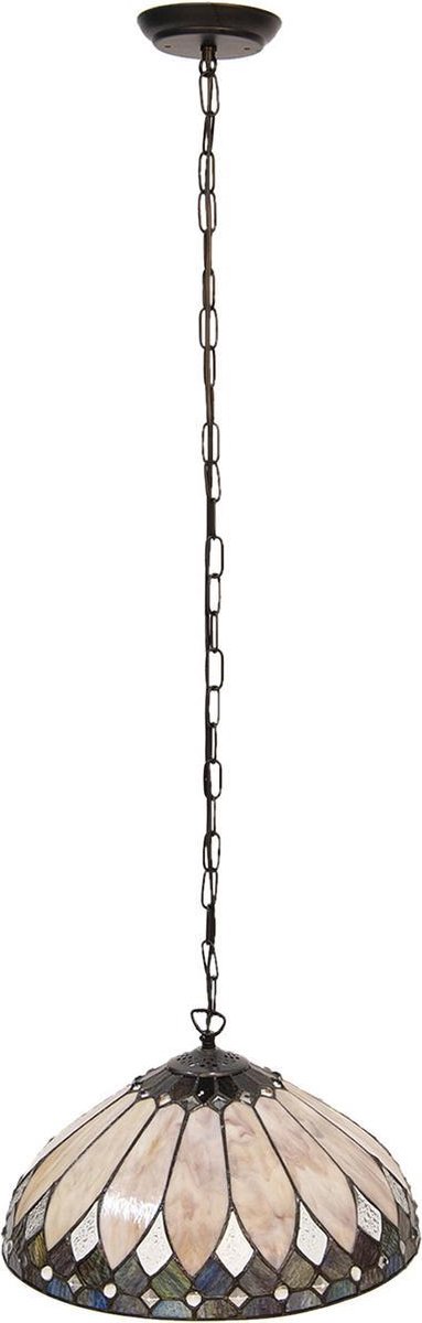 Clayre & Eef Hanglamp Tiffany Ø 40 Cm E27/max 1*60w Meerkleurig Glas In Lood Art Deco Lumilamp 5ll-5986 - Beige
