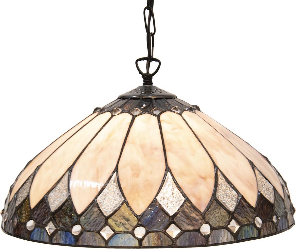Clayre & Eef Hanglamp Tiffany Ø 40 Cm E27/max 1*60w Meerkleurig Glas In Lood Art Deco Lumilamp 5ll-5986 - Beige