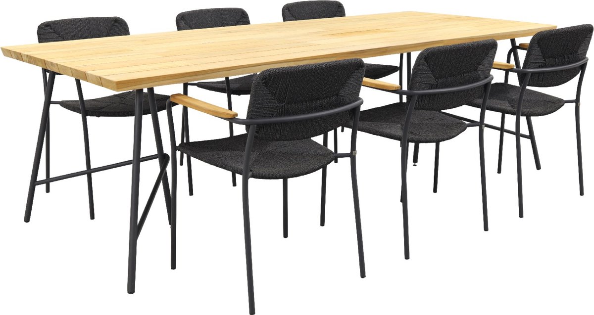 4 Seasons Outdoor 4-seasons Bora / Lano Teak 240 Cm. - 7-delige Stapelbare Tuinset - Zwart