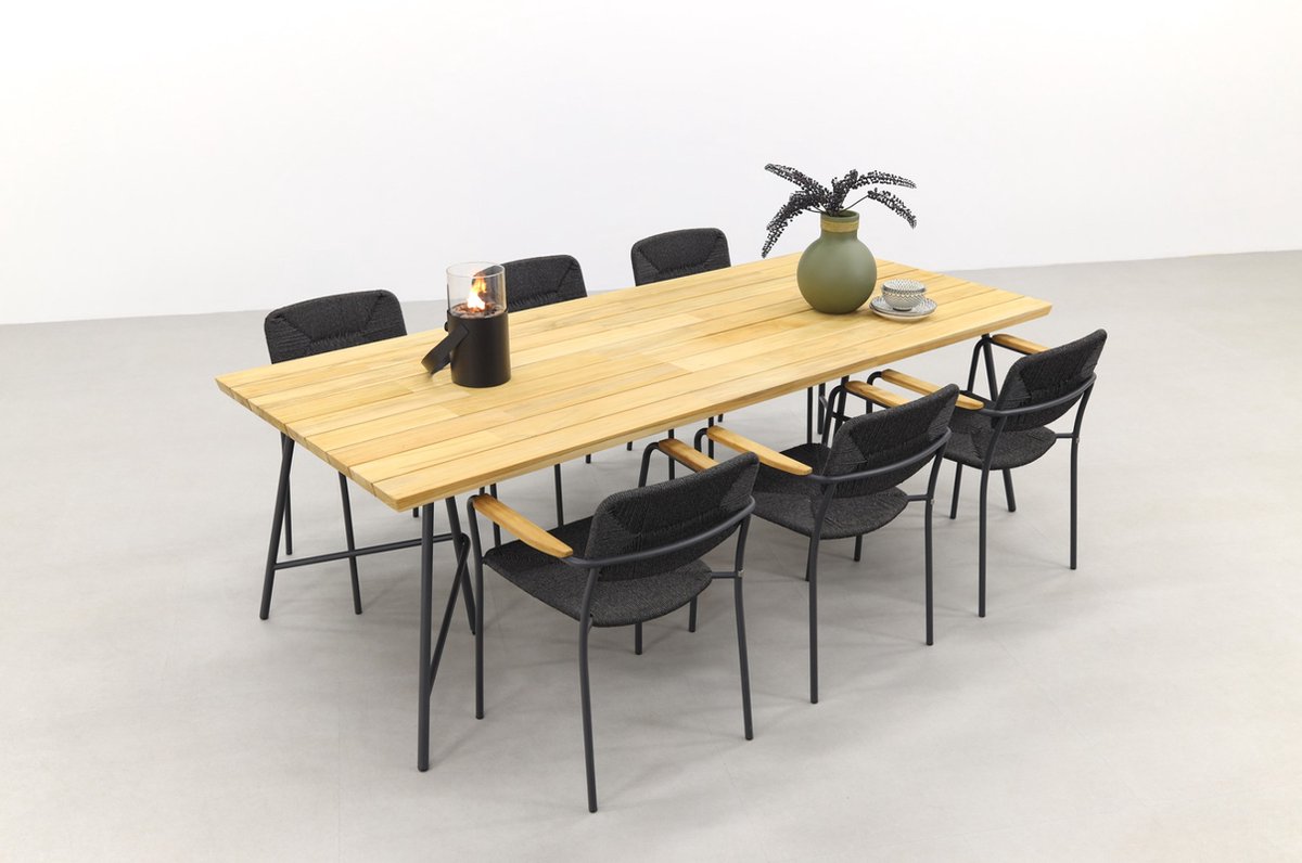 4 Seasons Outdoor 4-seasons Bora / Lano Teak 240 Cm. - 7-delige Stapelbare Tuinset - Zwart