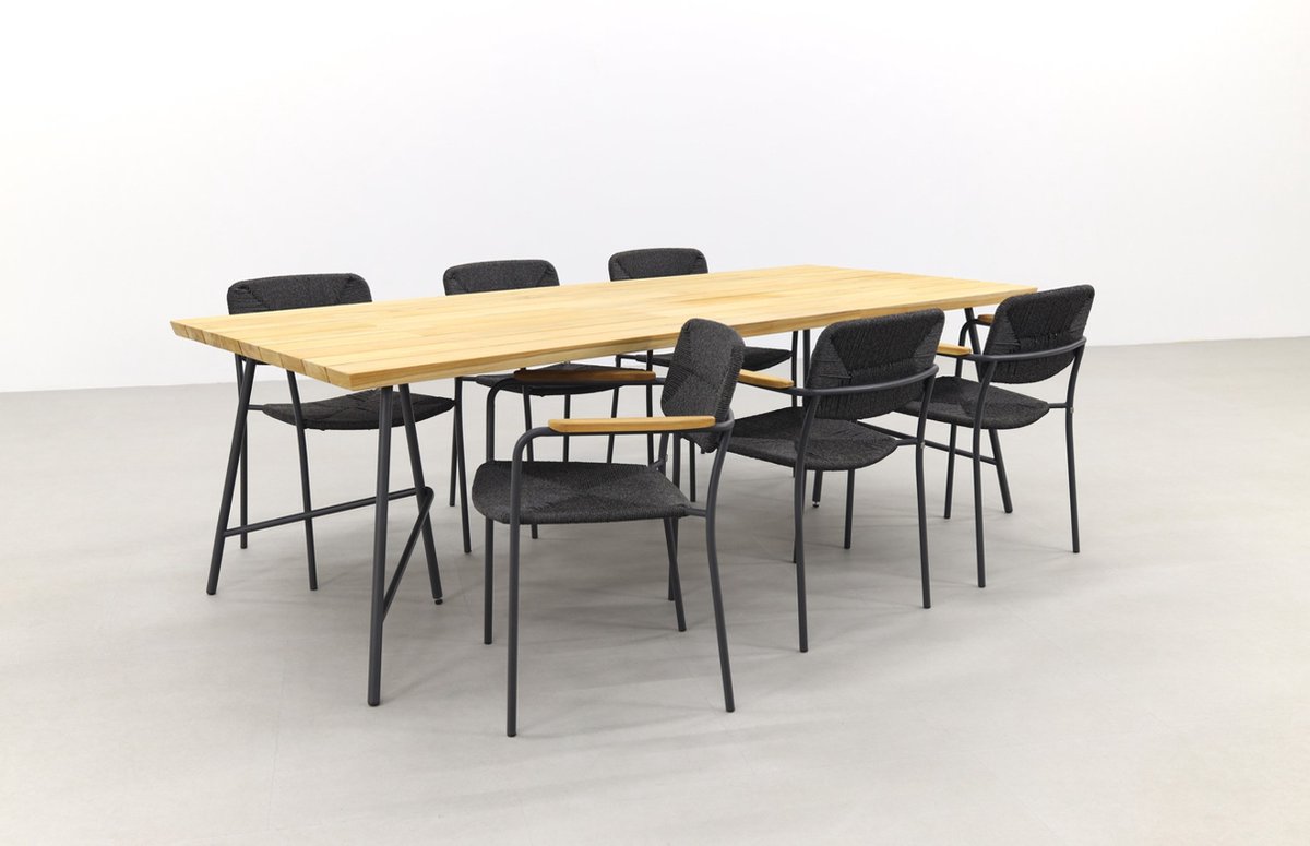 4 Seasons Outdoor 4-seasons Bora / Lano Teak 240 Cm. - 7-delige Stapelbare Tuinset - Zwart