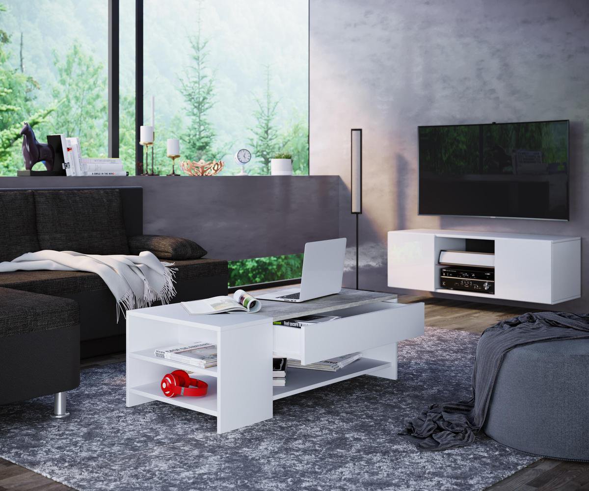 Tindus Salontafel 1 Lade, 3 Planken/betonlook. - Wit