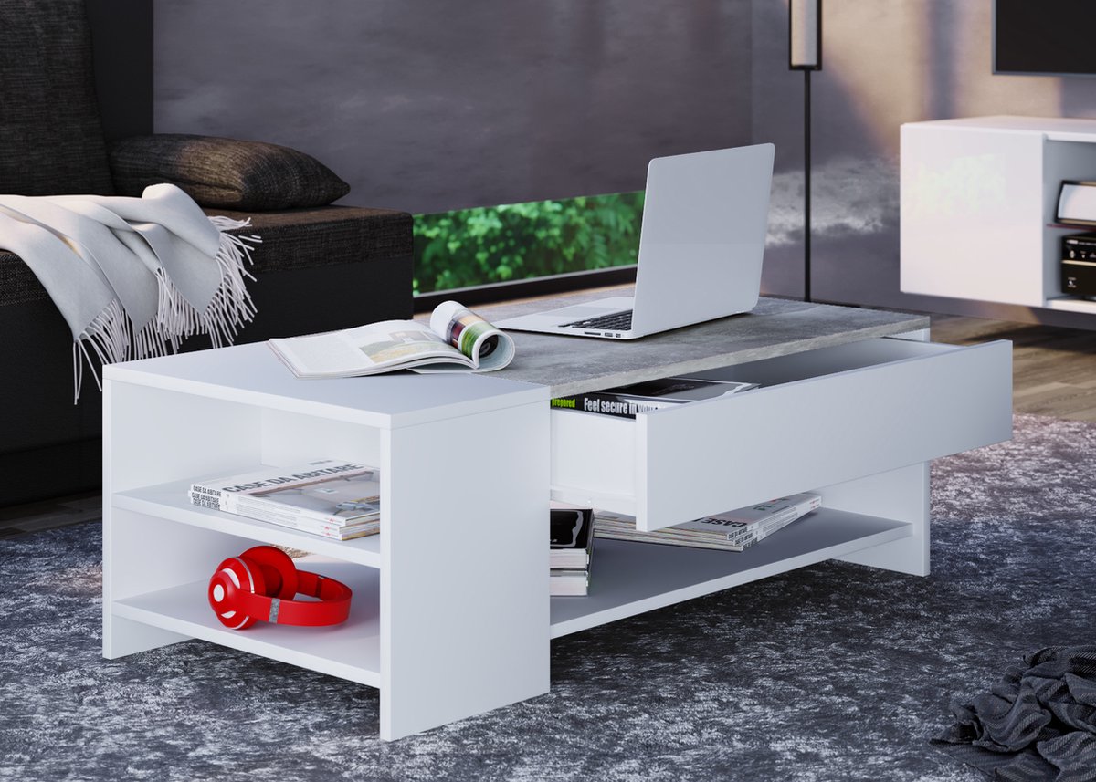 Tindus Salontafel 1 Lade, 3 Planken/betonlook. - Wit