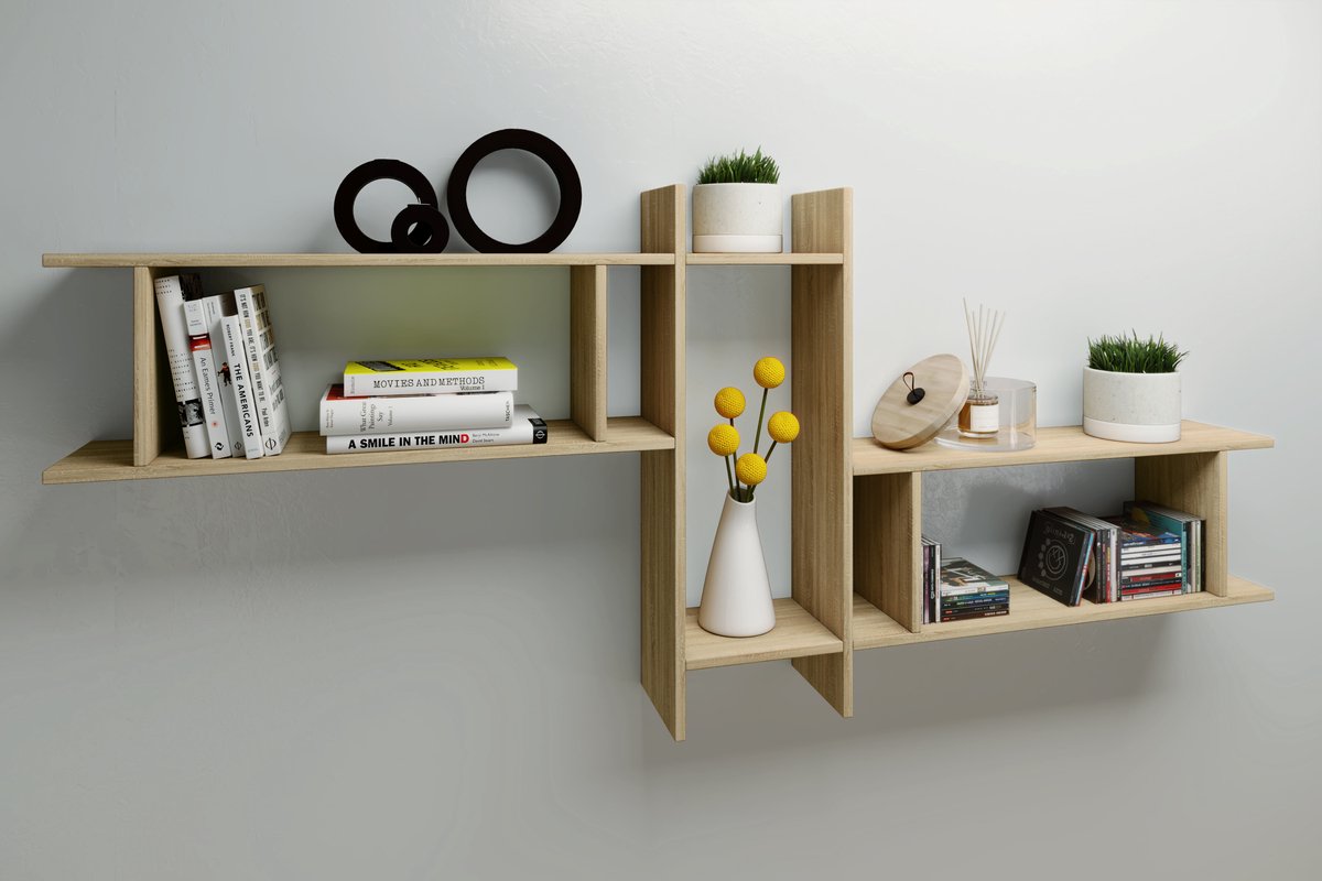 Sirola Maxi Wandkast Wandmontage Met 5 Vakkendecoratieve Sonoma Eik. - Geel