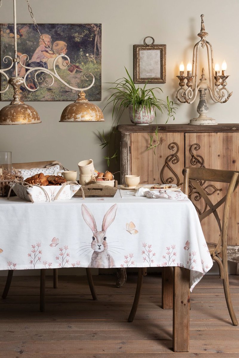 Clayre & Eef Tafelkleed 130*180 Cm Wit Katoen Rechthoek Konijn Tafellaken Tafellinnen Tafeltextiel Wit - Bruin
