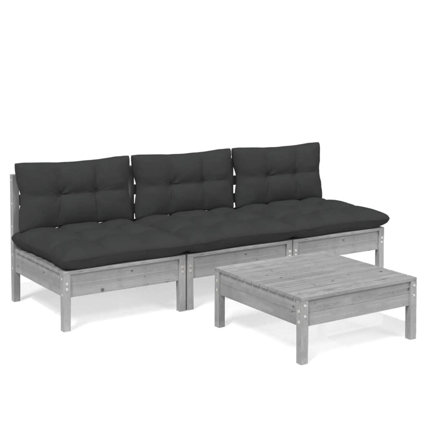 Vidaxl 4-delige Loungeset Met Antracietkleurige Kussens Grenenhout - Grijs