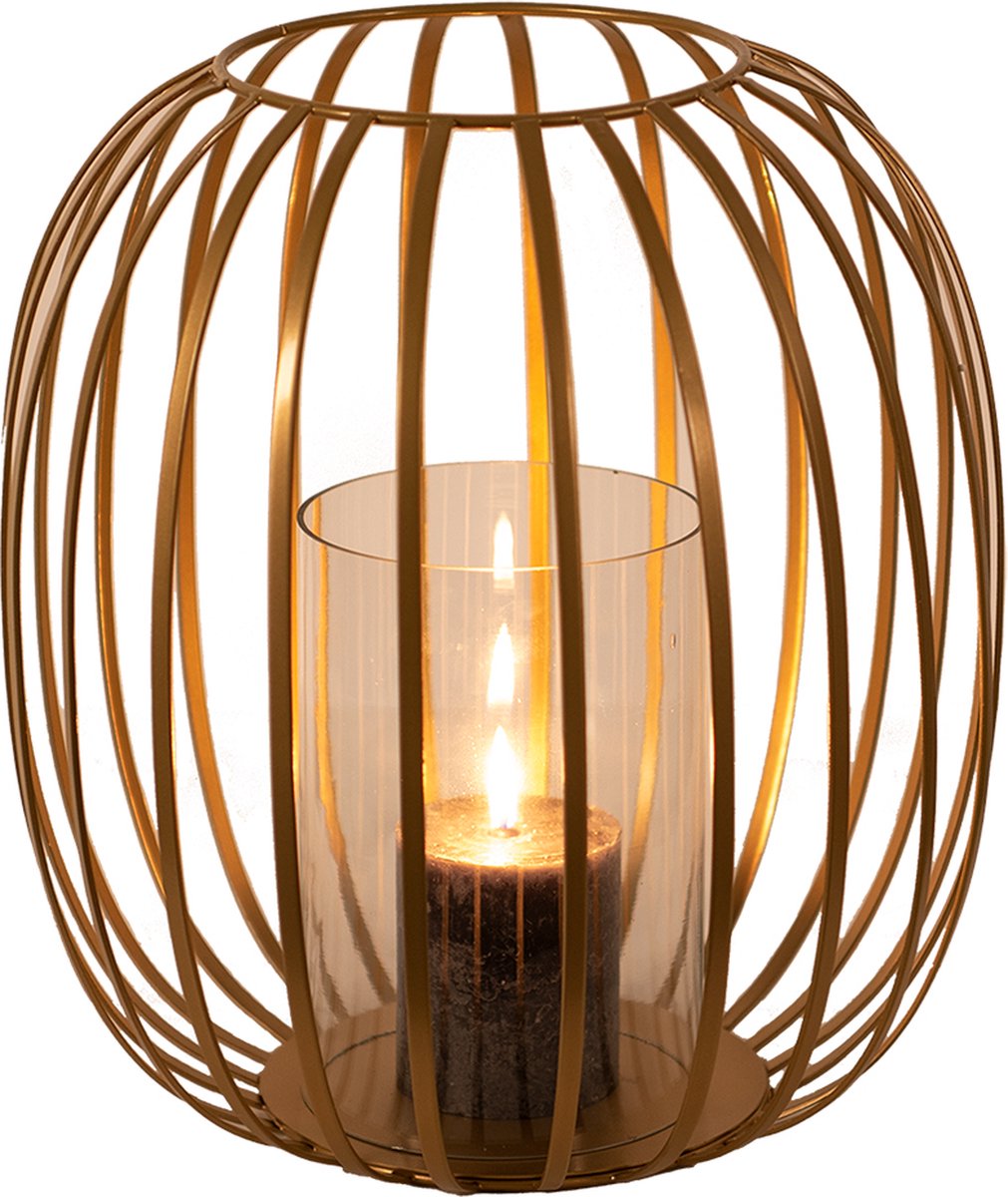 Clayre & Eef Windlicht Ø 30*31 Cmkleurig Ijzer Glas Kaarsenhouder Sfeerverlichtingkleurig Kaarsenhouder - Goud