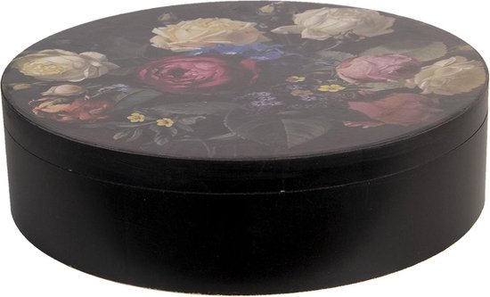 Clayre & Eef Doos Ø 25*7 Cm Meerkleurig Hout Rond Bloemen - Zwart