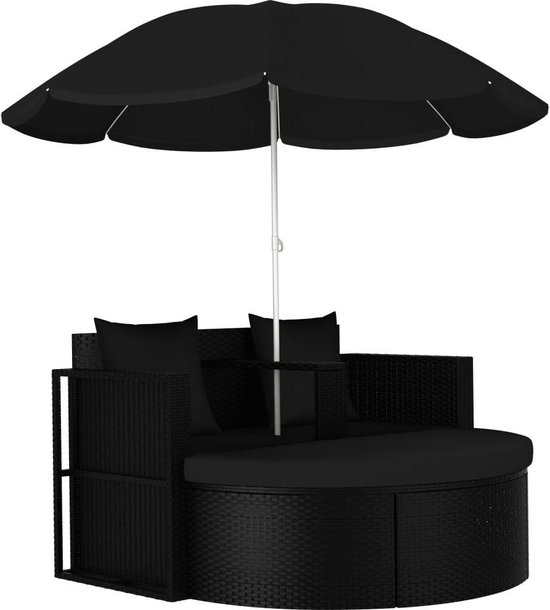 Vidaxl Tuinbed Met Parasol Poly Rattan - Zwart