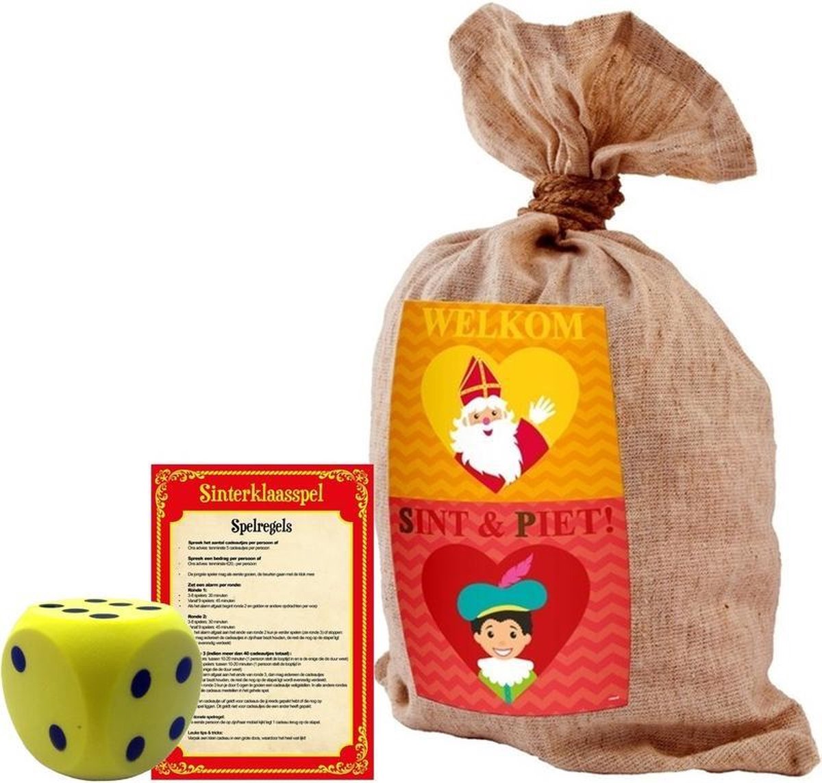 Bellatio Decorations Sinterklaas Spel Met Gele Dobbelsteen En Cadeauzak 50 X 80 Cm - Pakjesavond Sinterklaasspel Dobbelstenen Set