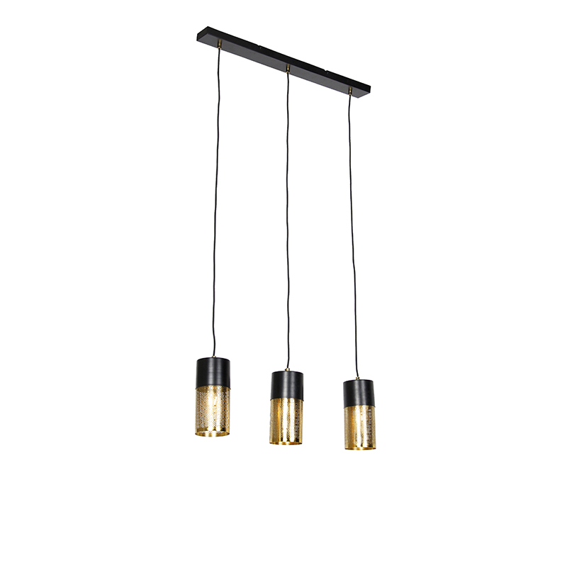 QAZQA Industriële hanglamp met goud langwerpig 3-lichts - Raspi - Zwart