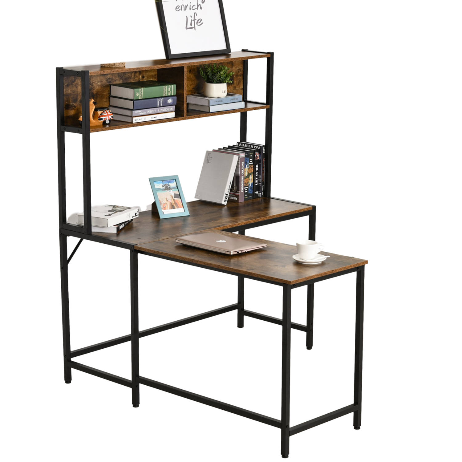 Hoekbureau - Bureau - Schrijftafel - Computerbureau - Bureautafel - Opslagruimte - 140 X 125 X 149cm -/natuur - Zwart