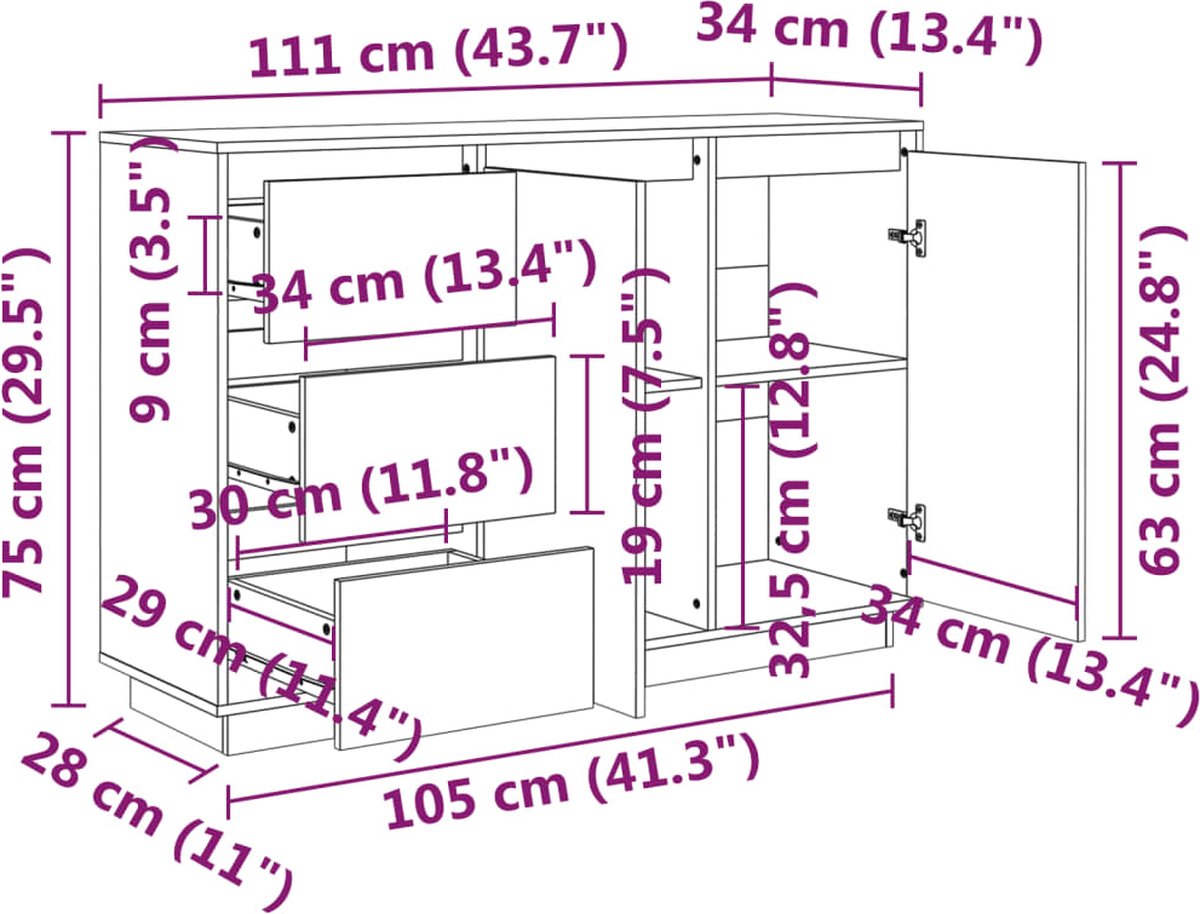 Vidaxl Dressoir 111x34x75 Cm Massief Grenenhout - Bruin