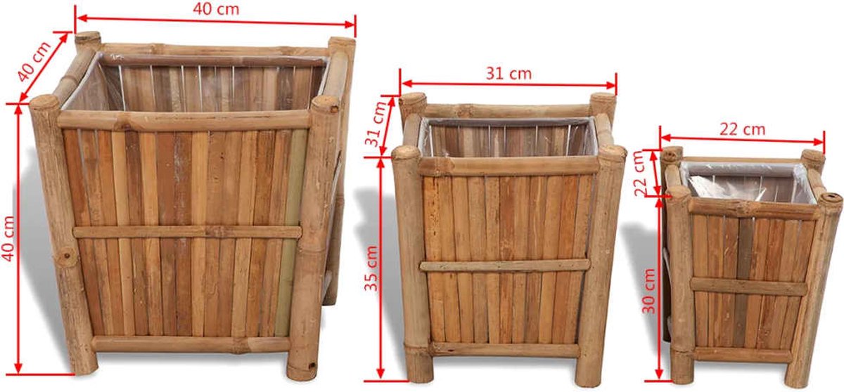 Vidaxl 3 St Plantenbakken Verhoogd Bamboe Met Nylon Voering - Bruin