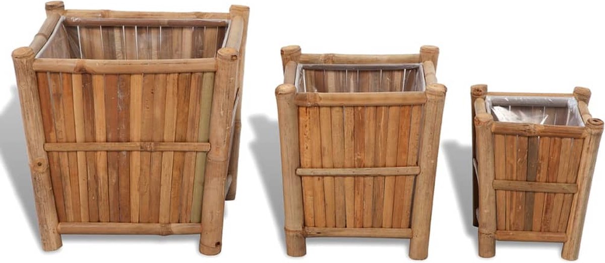 Vidaxl 3 St Plantenbakken Verhoogd Bamboe Met Nylon Voering - Bruin