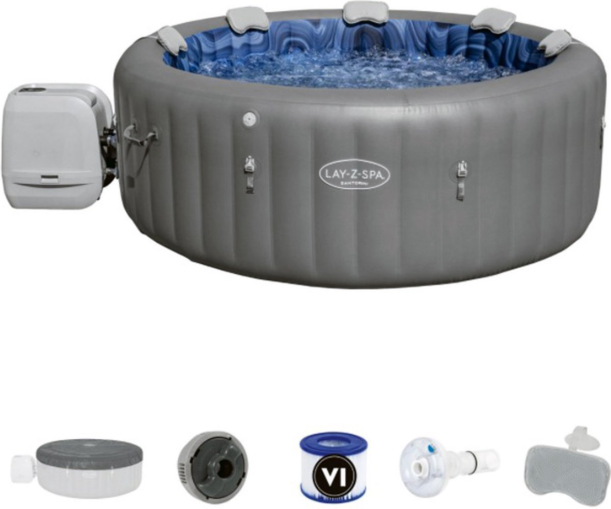 Bestway - Jacuzzi - Lay-z-spa - Santorini Hydrojet Pro - Opblaasbaar - Bubbelbad - Incl. Toebehoren - Ø216cm X 80cm - Grijs