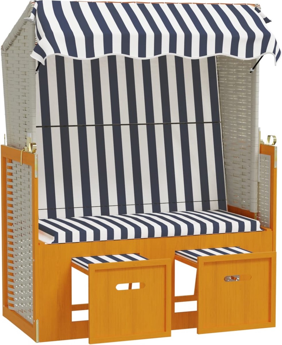 Vidaxl Strandstoel Met Luifel Poly Rattan En Massief Hout En Blauw - Wit