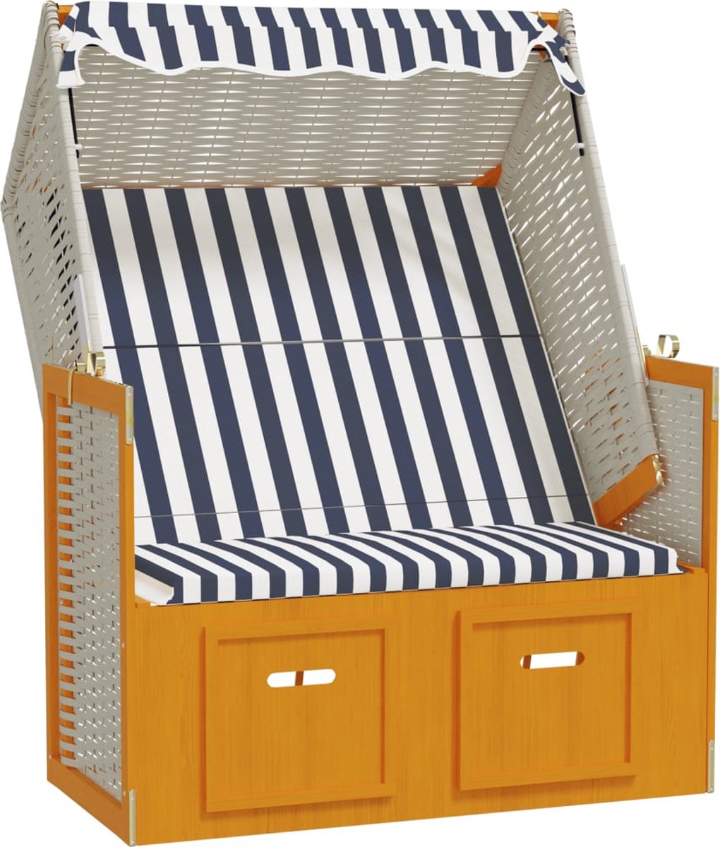 Vidaxl Strandstoel Met Luifel Poly Rattan En Massief Hout En Blauw - Wit