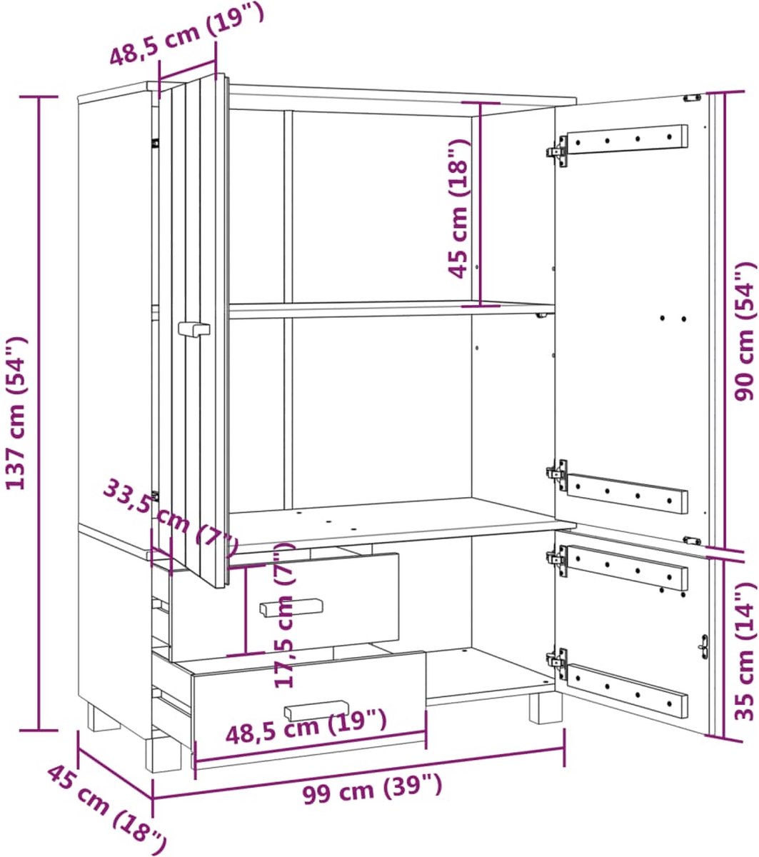Vidaxl Kledingkast 99x45x137 Cm Massief Grenenhout Licht - Grijs